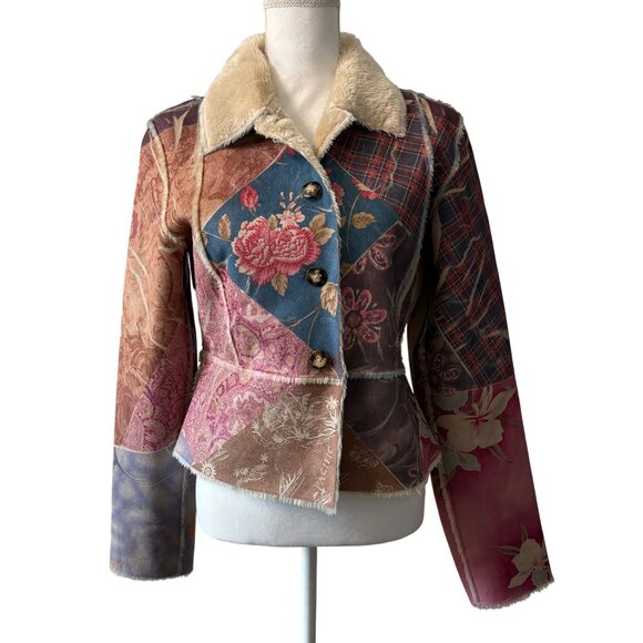 Weavz Jackets & Blazers - Patchwork Womens Jacket With Faux Shearling Collar & Button Closure Size Small